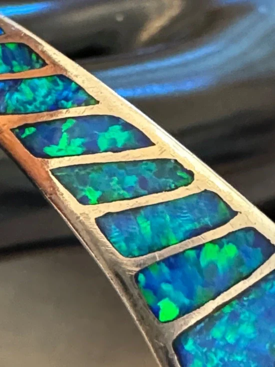 Blue-Green Opal Inlay Sterling Cuff Bracelet - Picture 2 of 10